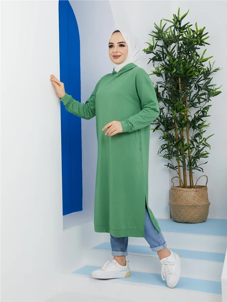 Atlas Kapşonlu Uzun Sade Basic Sweatshirt - 03007.103 - Fıstık Yeşili - 3