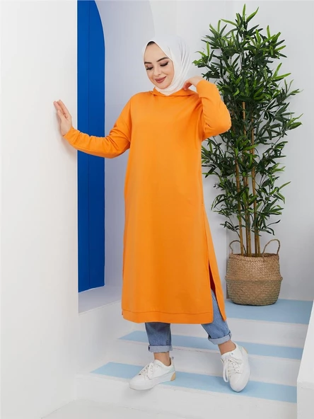 Atlas Kapşonlu Uzun Sade Basic Sweatshirt - 03007.036 - Oranj - 2