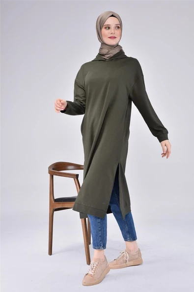 Atlas Kapşonlu Uzun Sade Basic Sweatshirt - 03007.005 - Haki - 7
