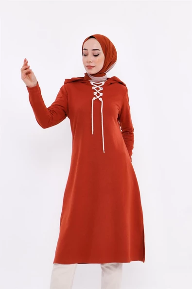 Eflin Yakadan Bağlamalı Kapşonlu Uzun Sweatshirt - 03030.030 - Kiremit - 4