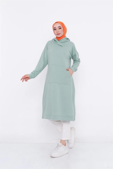Aysima Yaka Detaylı Kapşonlu Sade Basic Sweatshirt - 03032.100 - Çağla Yeşili