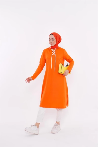 Eflin Yakadan Bağlamalı Kapşonlu Uzun Sweatshirt - 03030.036 - Oranj
