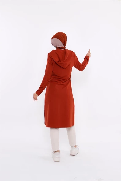 Eflin Yakadan Bağlamalı Kapşonlu Uzun Sweatshirt - 03030.030 - Kiremit - 3