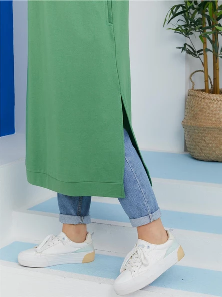 Atlas Kapşonlu Uzun Sade Basic Sweatshirt - 03007.103 - Fıstık Yeşili - 5