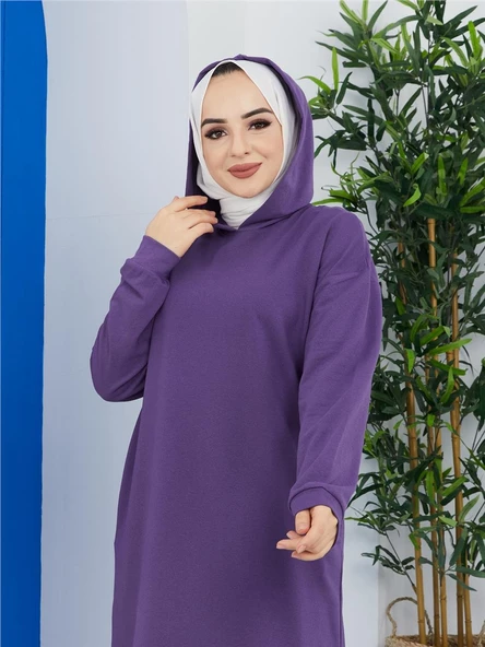 Atlas Kapşonlu Uzun Sade Basic Sweatshirt - 03007.013 - Mor - 4