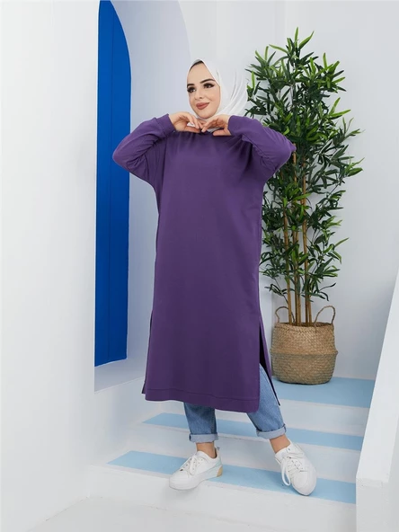 Atlas Kapşonlu Uzun Sade Basic Sweatshirt - 03007.013 - Mor - 3