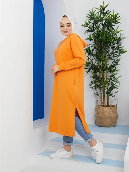 Atlas Kapşonlu Uzun Sade Basic Sweatshirt - 03007.036 - Oranj - 4