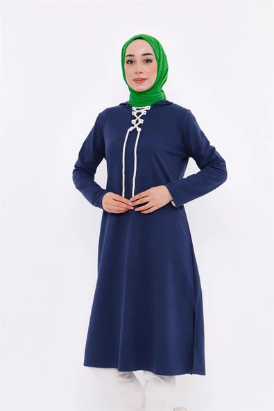 Eflin Yakadan Bağlamalı Kapşonlu Uzun Sweatshirt - 03030.006 - İndigo - 3