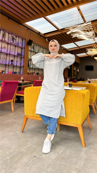 Hira Balon Kol Midi Boy Sade Basic Sweatshirt - 03031.008 - Gri - Resim 7