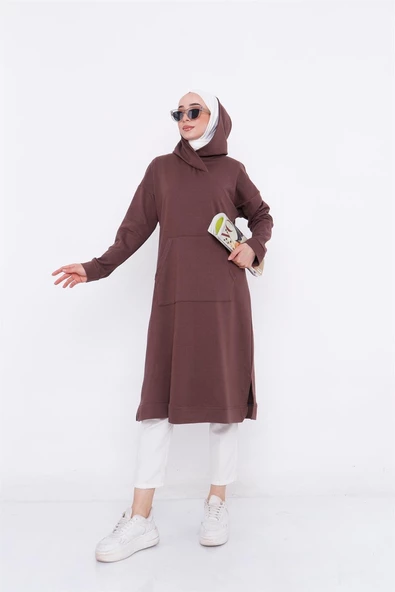 Aysima Yaka Detaylı Kapşonlu Sade Basic Sweatshirt - 03032.028 - Kahverengi - 2