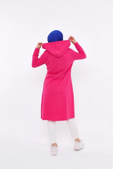 Eflin Yakadan Bağlamalı Kapşonlu Uzun Sweatshirt - 03030.025 - Fuşya - 3