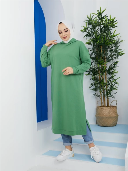 Atlas Kapşonlu Uzun Sade Basic Sweatshirt - 03007.103 - Fıstık Yeşili - 2