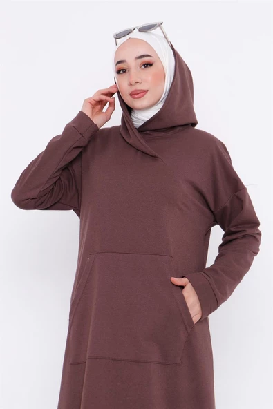 Aysima Yaka Detaylı Kapşonlu Sade Basic Sweatshirt - 03032.028 - Kahverengi - 4