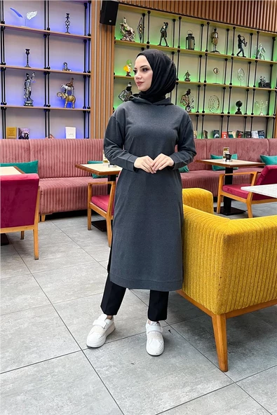 Atlas Kapşonlu Uzun Sade Basic Sweatshirt - 03007.017 - Antrasit - 4
