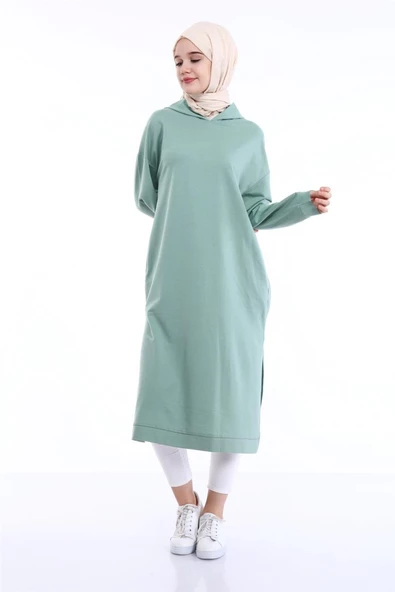 Atlas Kapşonlu Uzun Sade Basic Sweatshirt - 03007.100 - Çağla Yeşili - 4
