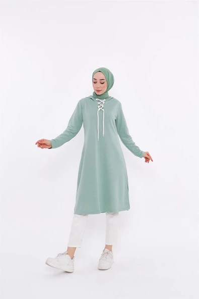 Eflin Yakadan Bağlamalı Kapşonlu Uzun Sweatshirt - 03030.100 - Çağla Yeşili