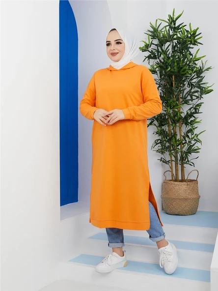 Atlas Kapşonlu Uzun Sade Basic Sweatshirt - 03007.036 - Oranj