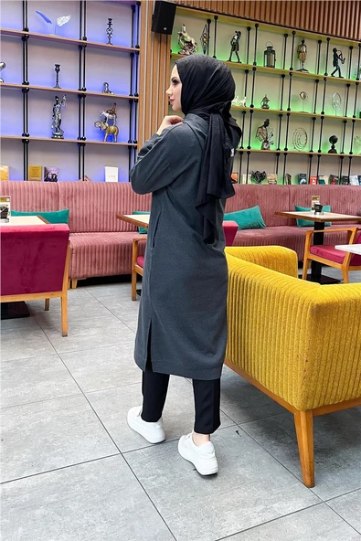 Atlas Kapşonlu Uzun Sade Basic Sweatshirt - 03007.017 - Antrasit - 7