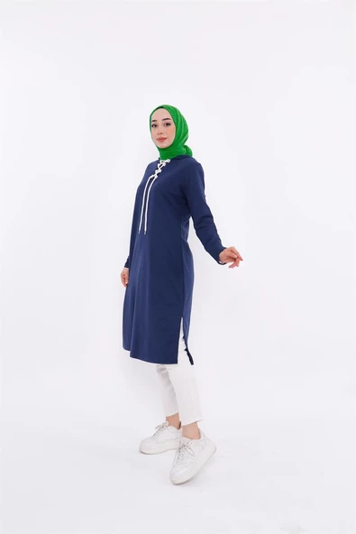 Eflin Yakadan Bağlamalı Kapşonlu Uzun Sweatshirt - 03030.006 - İndigo