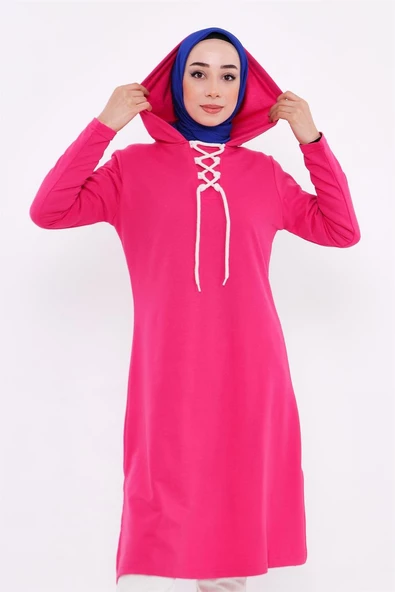 Eflin Yakadan Bağlamalı Kapşonlu Uzun Sweatshirt - 03030.025 - Fuşya - 4