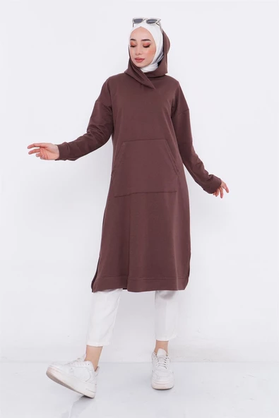 Aysima Yaka Detaylı Kapşonlu Sade Basic Sweatshirt - 03032.028 - Kahverengi