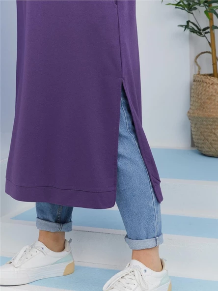 Atlas Kapşonlu Uzun Sade Basic Sweatshirt - 03007.013 - Mor - 5