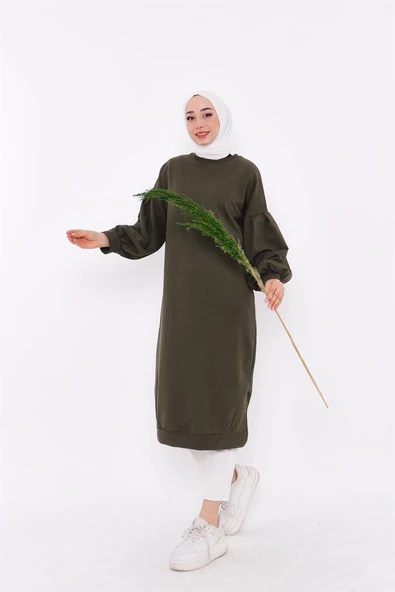 Hira Balon Kol Midi Boy Sade Basic Sweatshirt - 03031.005 - Haki - Resim 2