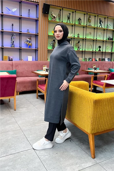 Atlas Kapşonlu Uzun Sade Basic Sweatshirt - 03007.017 - Antrasit - 6