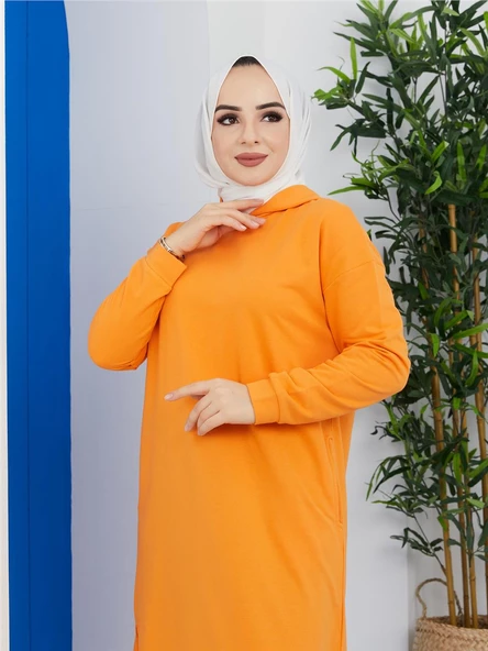 Atlas Kapşonlu Uzun Sade Basic Sweatshirt - 03007.036 - Oranj - 6