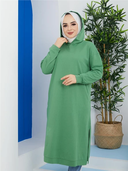 Atlas Kapşonlu Uzun Sade Basic Sweatshirt - 03007.103 - Fıstık Yeşili - 7