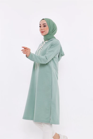 Eflin Yakadan Bağlamalı Kapşonlu Uzun Sweatshirt - 03030.100 - Çağla Yeşili - 2