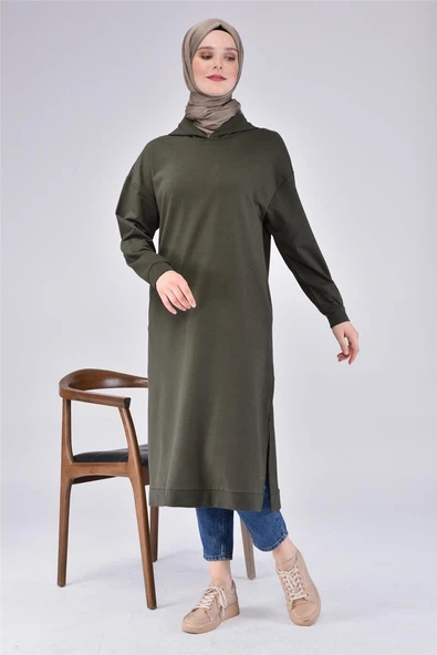 Atlas Kapşonlu Uzun Sade Basic Sweatshirt - 03007.005 - Haki - 5