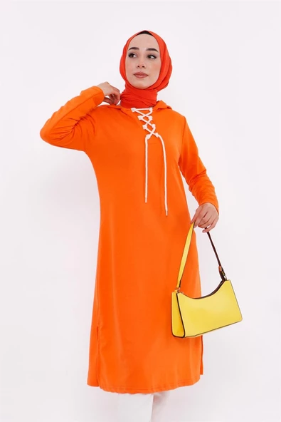 Eflin Yakadan Bağlamalı Kapşonlu Uzun Sweatshirt - 03030.036 - Oranj - 3
