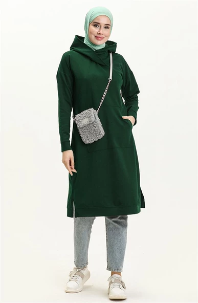 Aysima Yaka Detaylı Kapşonlu Sade Basic Sweatshirt - 03032.032 - Zümrüt