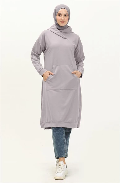 Aysima Yaka Detaylı Kapşonlu Sade Basic Sweatshirt - 03032.008 - Gri