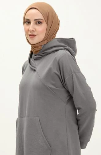 Aysima Yaka Detaylı Kapşonlu Sade Basic Sweatshirt - 03032.017 - Antrasit - 4
