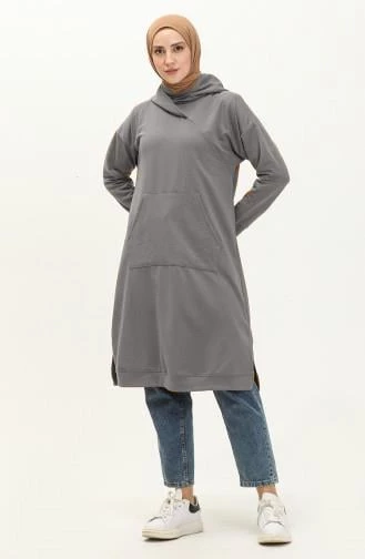 Aysima Yaka Detaylı Kapşonlu Sade Basic Sweatshirt - 03032.017 - Antrasit - 3