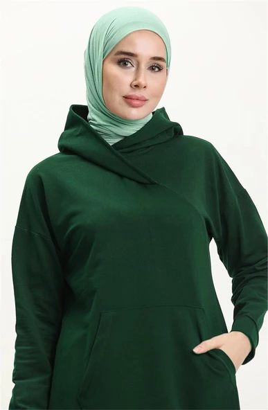 Aysima Yaka Detaylı Kapşonlu Sade Basic Sweatshirt - 03032.032 - Zümrüt - 3