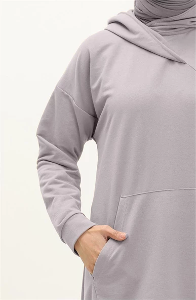 Aysima Yaka Detaylı Kapşonlu Sade Basic Sweatshirt - 03032.008 - Gri - 4