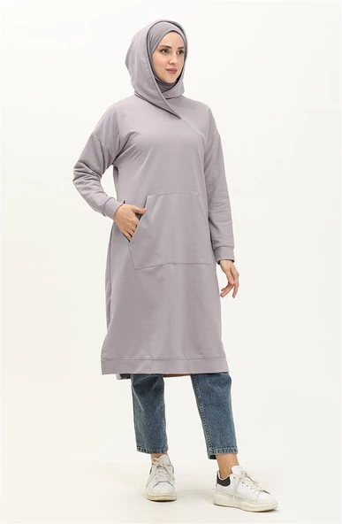 Aysima Yaka Detaylı Kapşonlu Sade Basic Sweatshirt - 03032.008 - Gri - 2