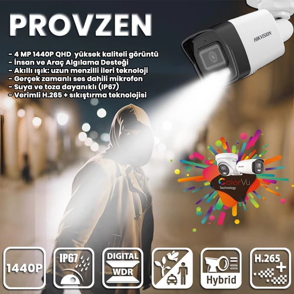 Provzen Hikvision 13 İp Kameralı 4mp Hibrit Colorvu Kamera Seti - 2