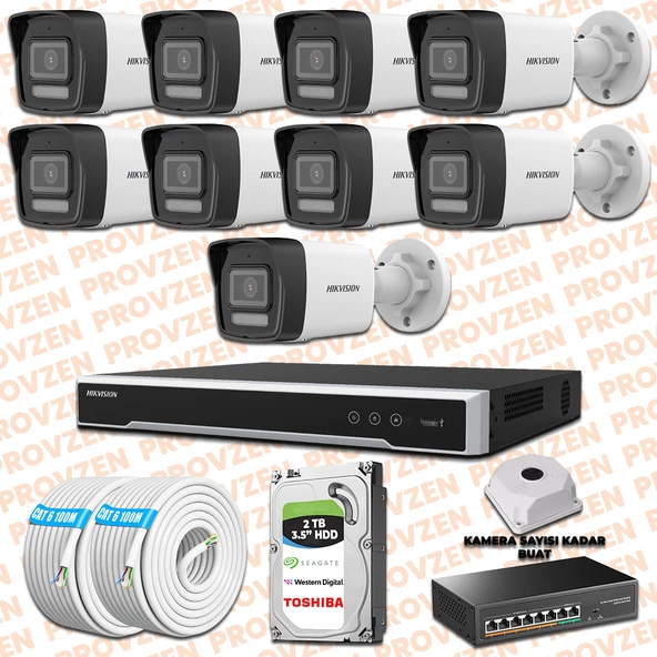 Provzen Hikvision 9 İp Kameralı 4mp Hibrit Colorvu Kamera Seti