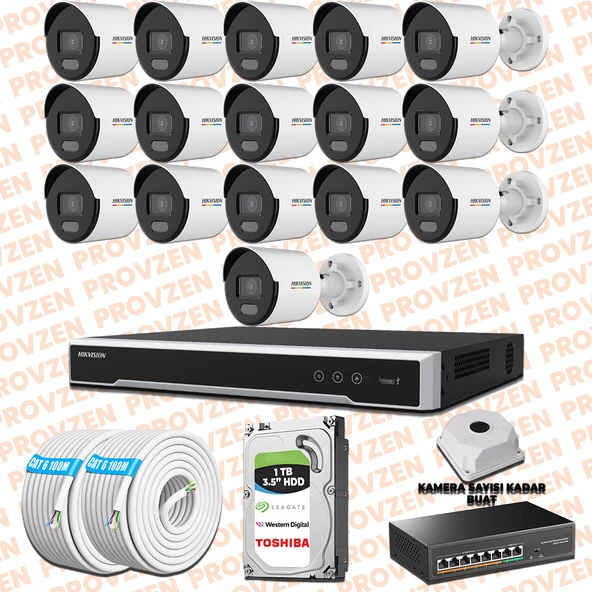 Provzen Hikvision 16 Kamera İp Set 7/24 Renkli Colorvu Mikrofonlu