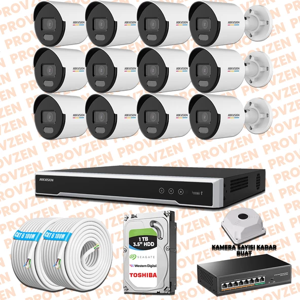 Provzen Hikvision 12 Kamera İp Set 7/24 Renkli Colorvu Mikrofonlu