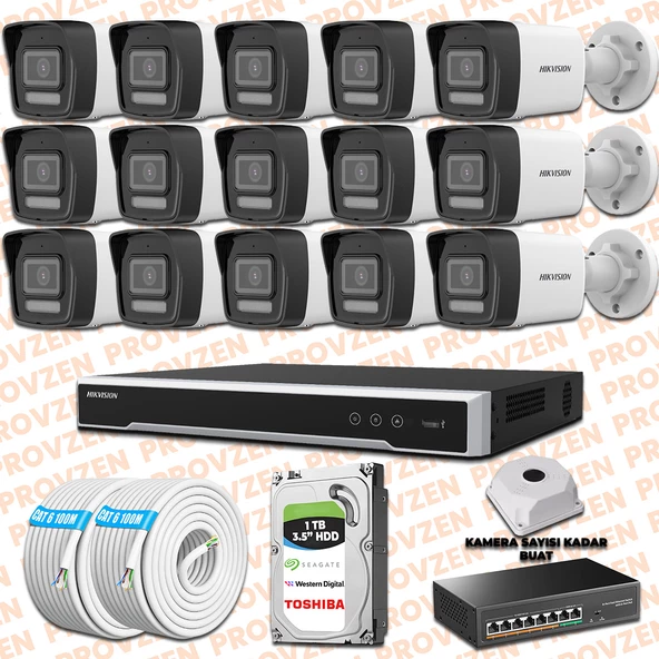 Provzen Hikvision İp 15 Kameralı Set 1080p Colorvu Mikrofonlu
