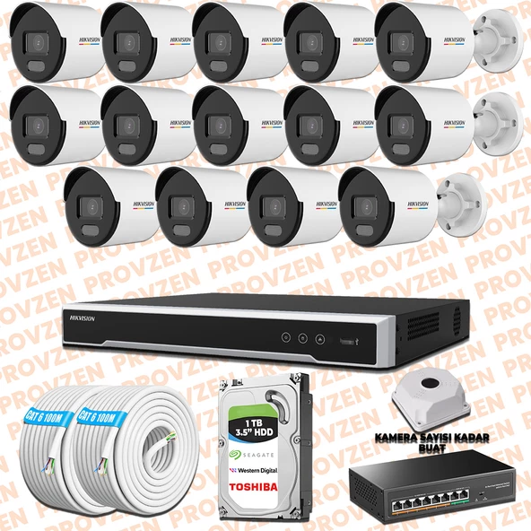 Provzen Hikvision 14 Kamera İp Set 7/24 Renkli Colorvu Mikrofonlu