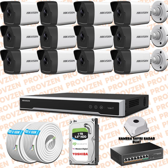 Provzen Hikvision 12 Kameralı İp Kamera Seti 1080p Mikrofonlu