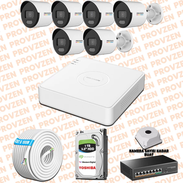 Provzen Hikvision 6 Kamera İp Set 7/24 Renkli Colorvu Mikrofonlu