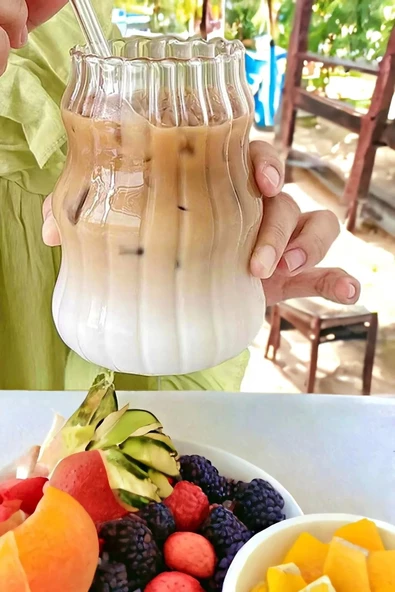 2li Pipetli Sukabağı Şekli Latte Bardak Seti Iskandinav Tarz Cam Bardak Kahve Kokteyl Sunum Bardağı - 2