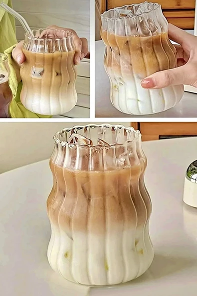 2li Pipetli Sukabağı Şekli Latte Bardak Seti Iskandinav Tarz Cam Bardak Kahve Kokteyl Sunum Bardağı - 3